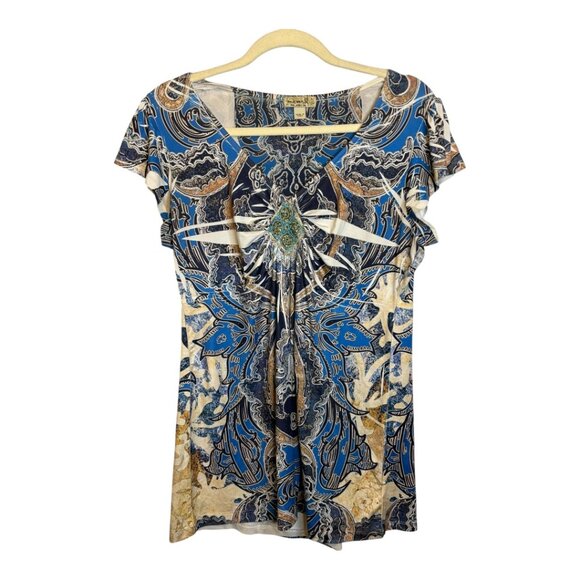 One World Blouse Women's Size Large Embellished Tribal Blue - Picture 1 of 4